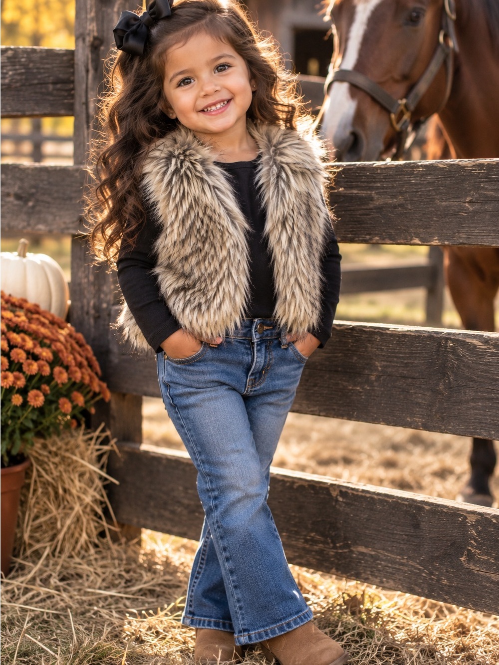 Old Navy Girls 3T Faux Fur Vest Gray Tan Shaggy Boho Fall